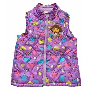 Nickelodeon Dora the Explorer Purple Puffer Vest Girls 4T Hearts Stars Y2K